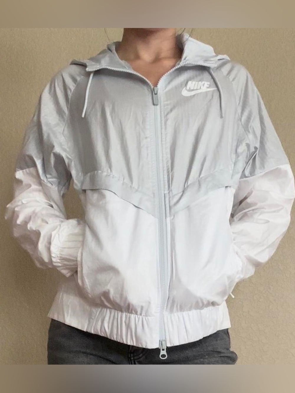 Nike Women's Light Gray and White Bomber Windbreaker Jacket